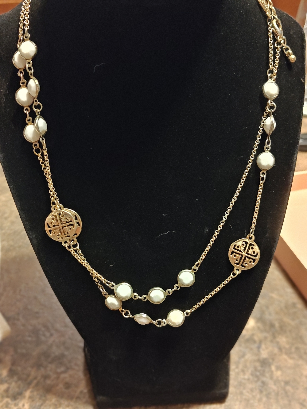 Gold-Tone Multi-Layer Necklace with White Pearl Accents